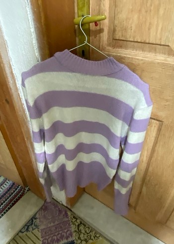 Mor Beyaz Çizgili Kadın Triko Kazak - Görsel 2