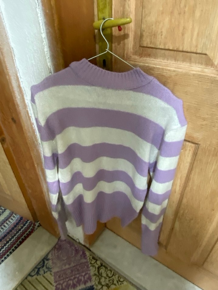 Mor Beyaz Çizgili Kadın Triko Kazak - Görsel 2