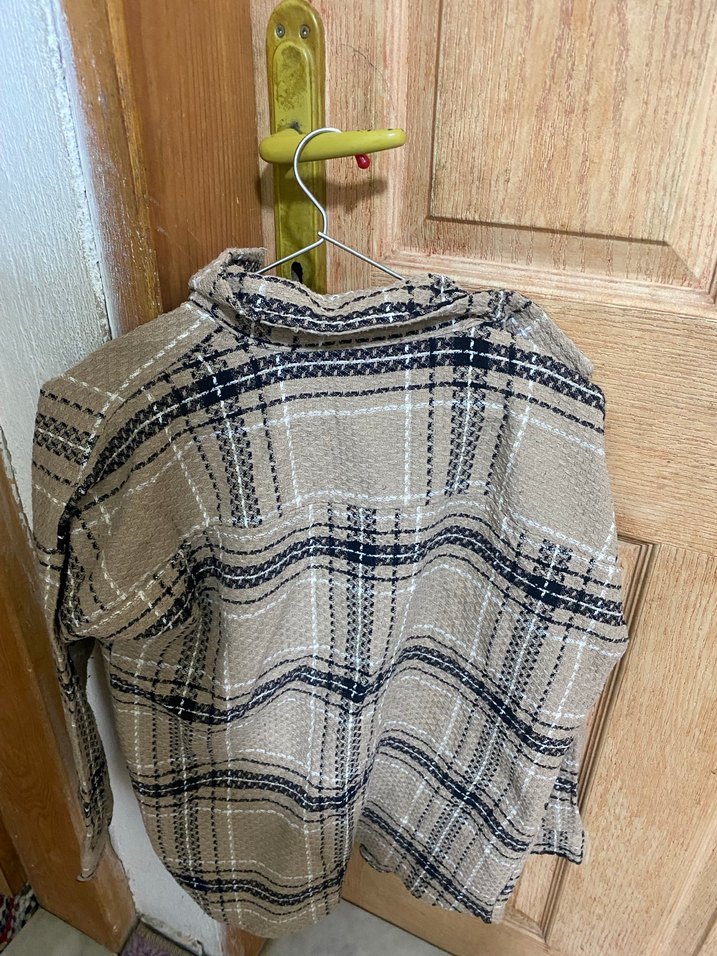 Düğmeli Kareli Kadın Keten Gömlek - Görsel 3