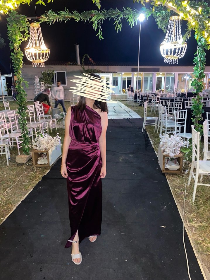 Mor Drapeli Midi Straplez Elbise - Görsel 3