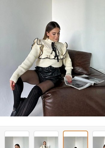 ZARA Nakışlı, Beyaz, Kısa Örgü Kazak - Görsel 2