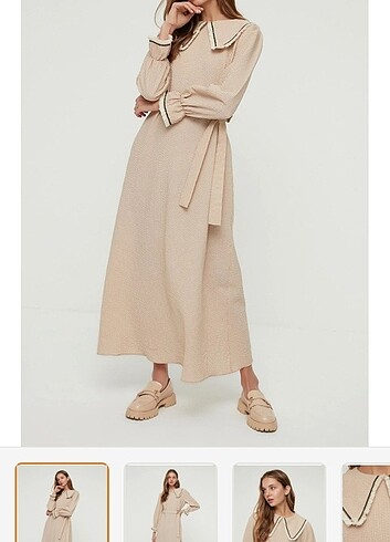 TRENDYOL MODEST Bej çizgili kuşaklı bebe yaka pamuklu dokuma elb