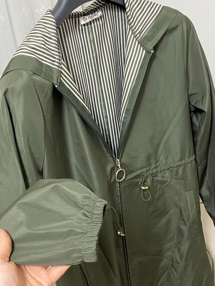 Kadın Uzun Belden Bağcıklı Haki Yağmurluk - Görsel 5