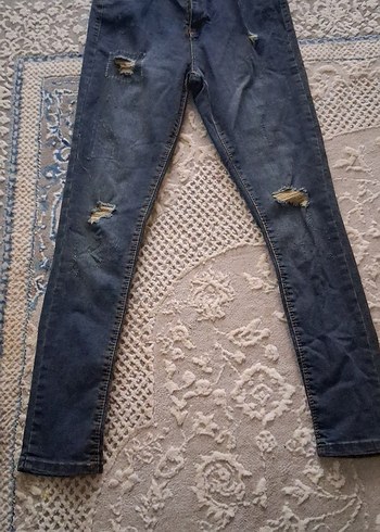 Diğer Koyu Lacivert Dar Kesim Yirtik Denim Jean