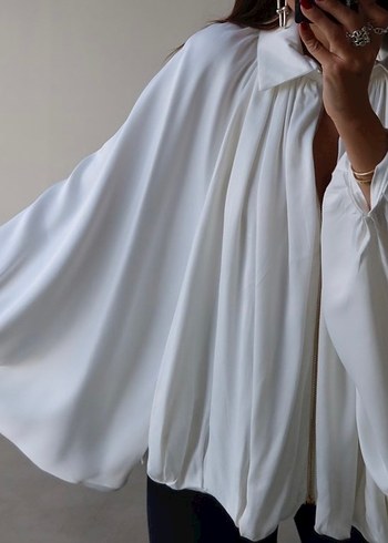 Beyaz Salaş Drapeli Kadın Gömlek ceket yarasa kol - Görsel 2