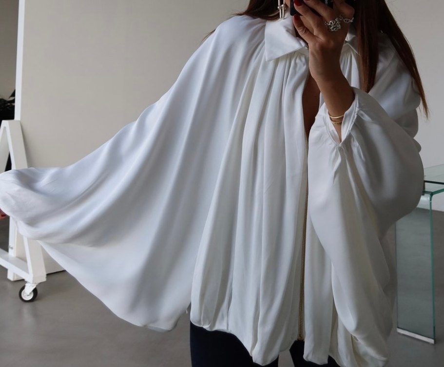 Beyaz Salaş Drapeli Kadın Gömlek ceket yarasa kol - Görsel 2