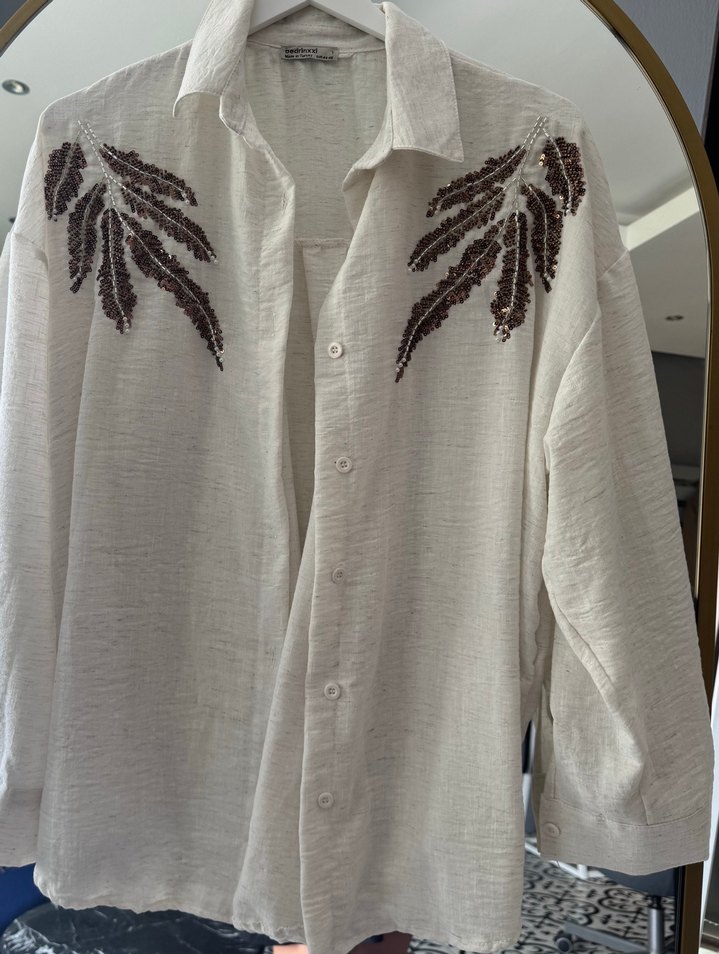 Boncuk İşlemeli Bej Bohem Kadın Gömlek - Görsel 5