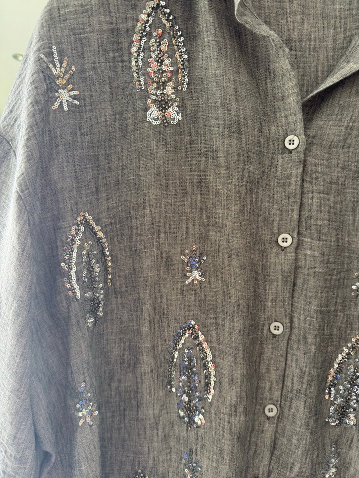 Düğmeli Nakışlı Bohem Keten Gömlek - Görsel 2