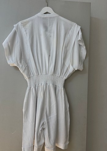 Düğmeli Beyaz Keten Midi Tulum - Görsel 4