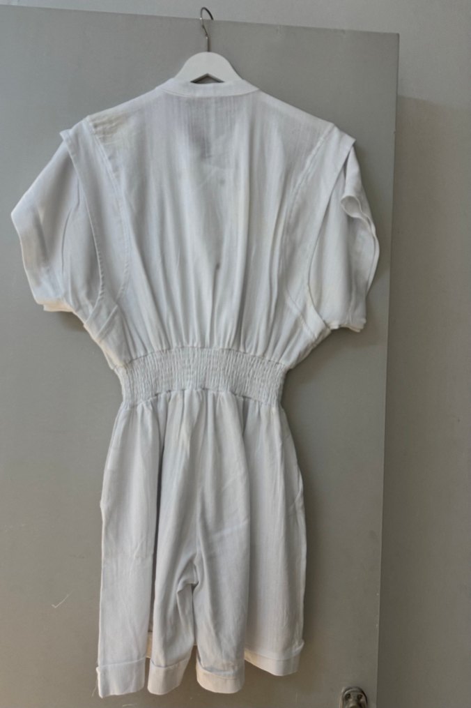 Düğmeli Beyaz Keten Midi Tulum - Görsel 4