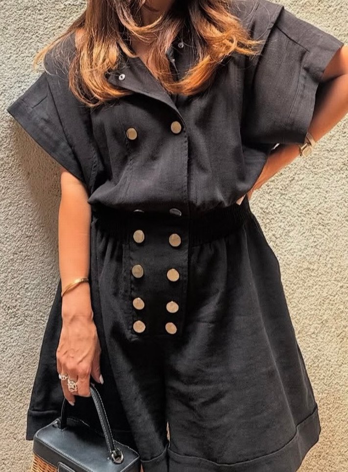 Düğmeli Beyaz Keten Midi Tulum - Görsel 2