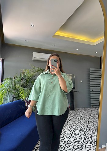 Yeşil Keten Gömlek Kadın - Görsel 3