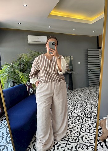 Bej Zebra Desenli Kadın Keten Tulum - Görsel 3