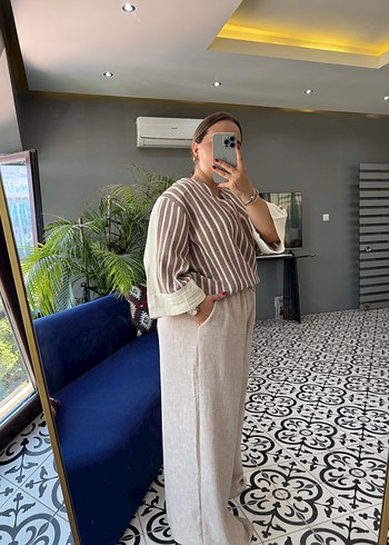 Bej Zebra Desenli Kadın Keten Tulum - Görsel 4