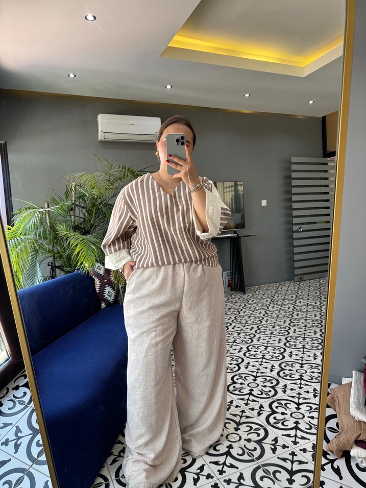 Bej Zebra Desenli Kadın Keten Tulum - Görsel 3