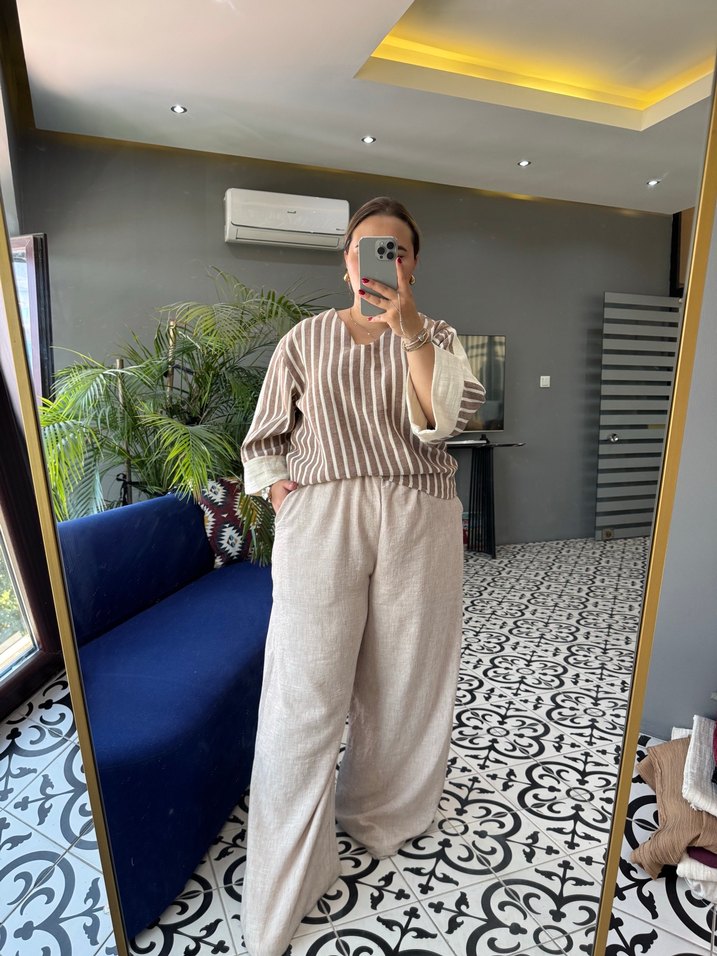 Bej Zebra Desenli Kadın Keten Tulum - Görsel 2