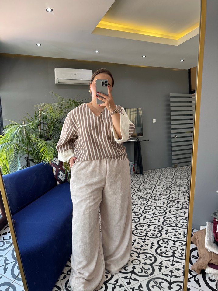 Bej Zebra Desenli Kadın Keten Tulum - Görsel 5