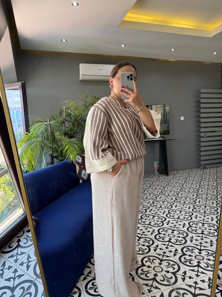 Bej Zebra Desenli Kadın Keten Tulum - Görsel 4