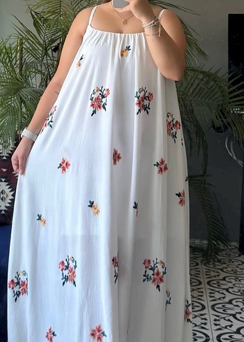 Nakışlı Beyaz Uzun Bohem Elbise - Görsel 2