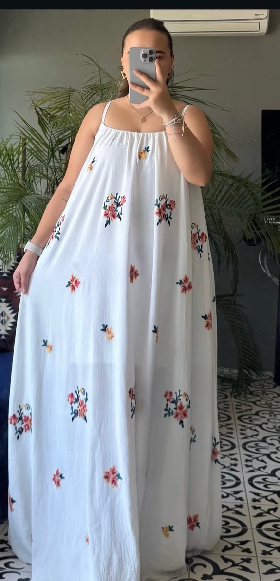 Nakışlı Beyaz Uzun Bohem Elbise - Görsel 2