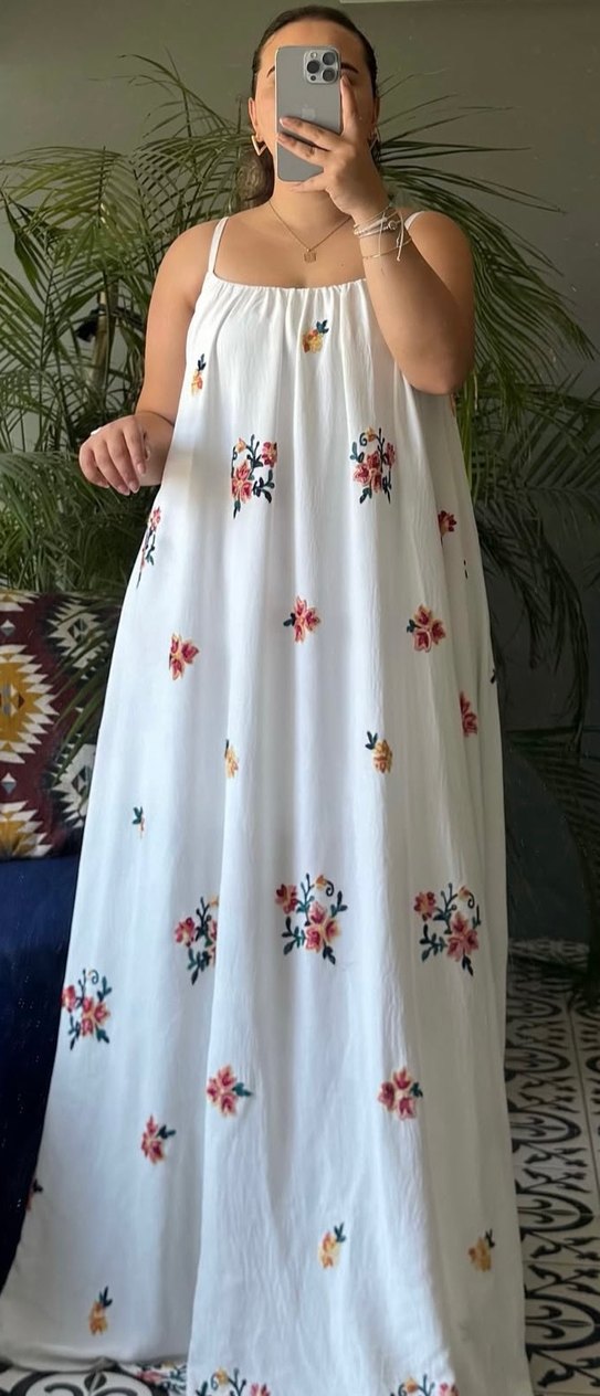 Nakışlı Beyaz Uzun Bohem Elbise - Görsel 3