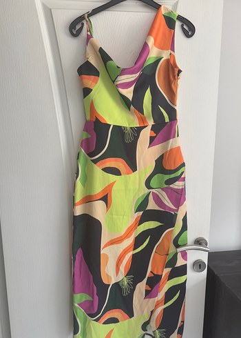 Drapeli V Yaka Çok Renkli Uzun Elbise - Görsel 4