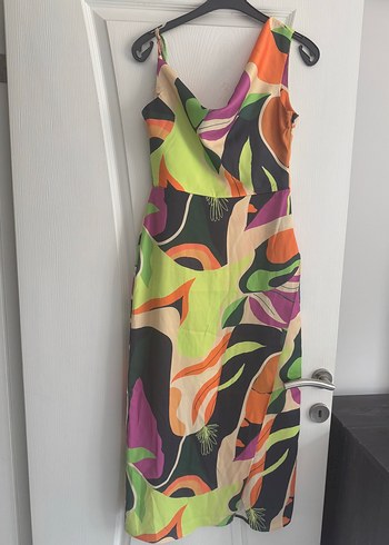 Drapeli V Yaka Çok Renkli Uzun Elbise - Görsel 3