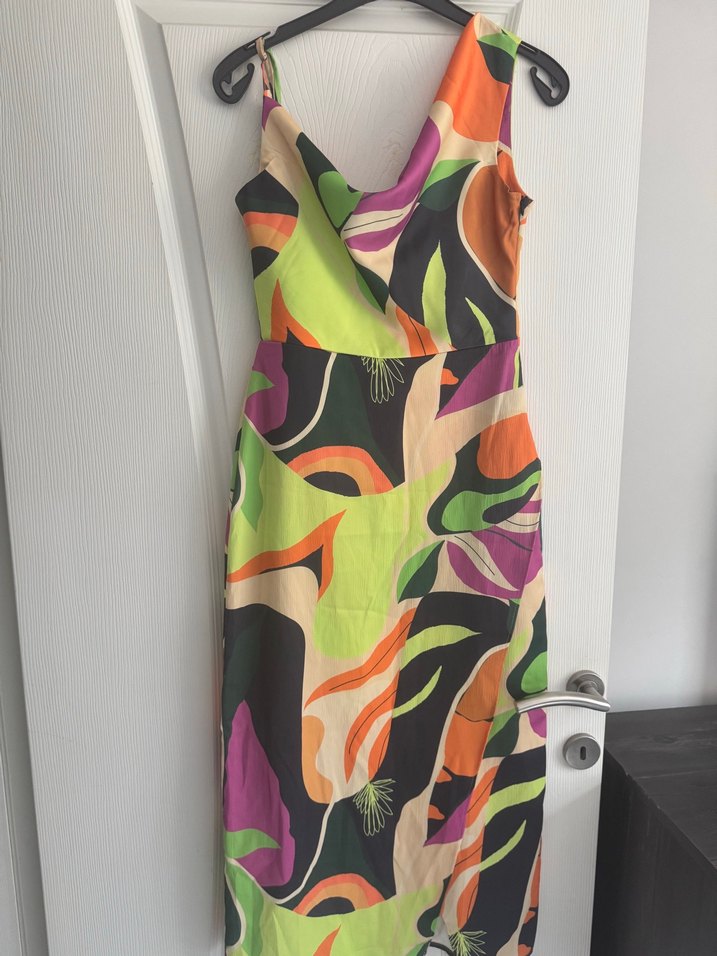 Drapeli V Yaka Çok Renkli Uzun Elbise - Görsel 4