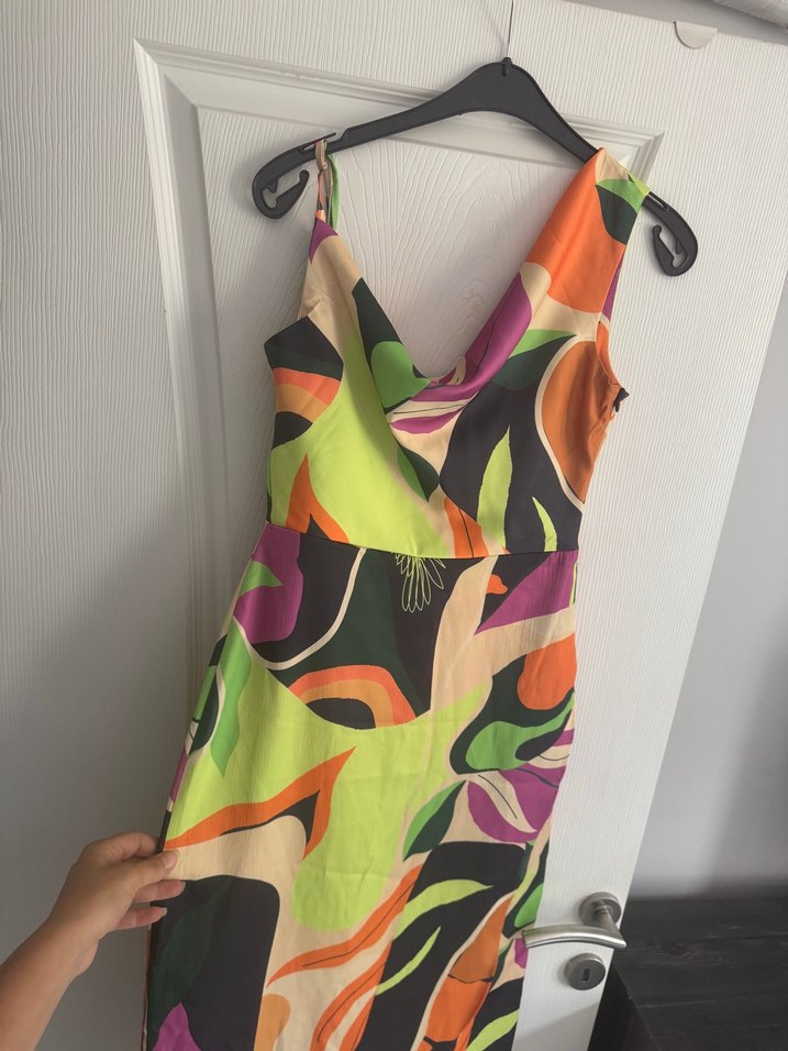 Drapeli V Yaka Çok Renkli Uzun Elbise - Görsel 5