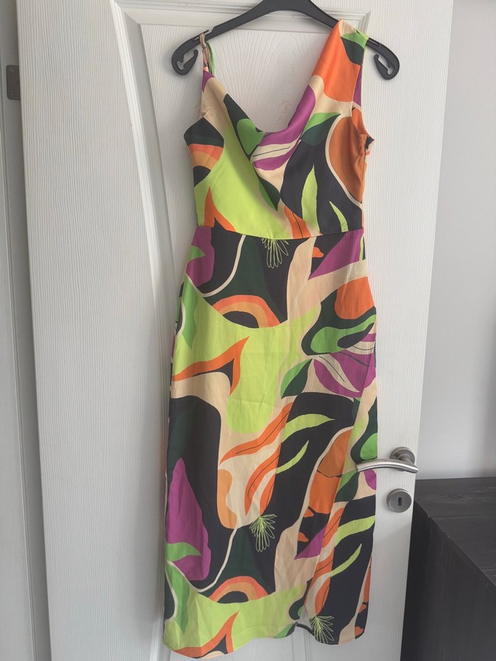 Drapeli V Yaka Çok Renkli Uzun Elbise - Görsel 3