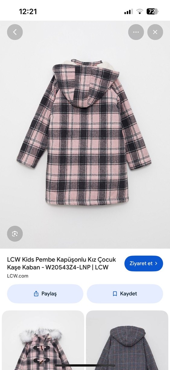 LCW Kids Kapüşonlu Kız Çocuk Kareli Kaban - Görsel 2