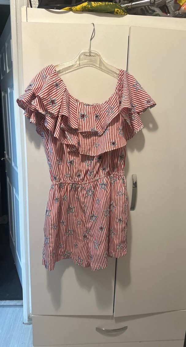 Kırmızı Zebra  yıldız Desenli Volanlı tulum - Görsel 3