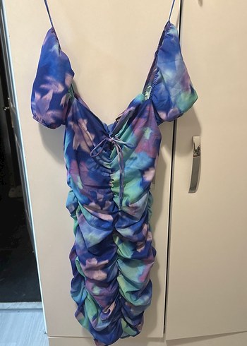 Kadın Çok Renkli Drapeli Mini Elbise - Görsel 4