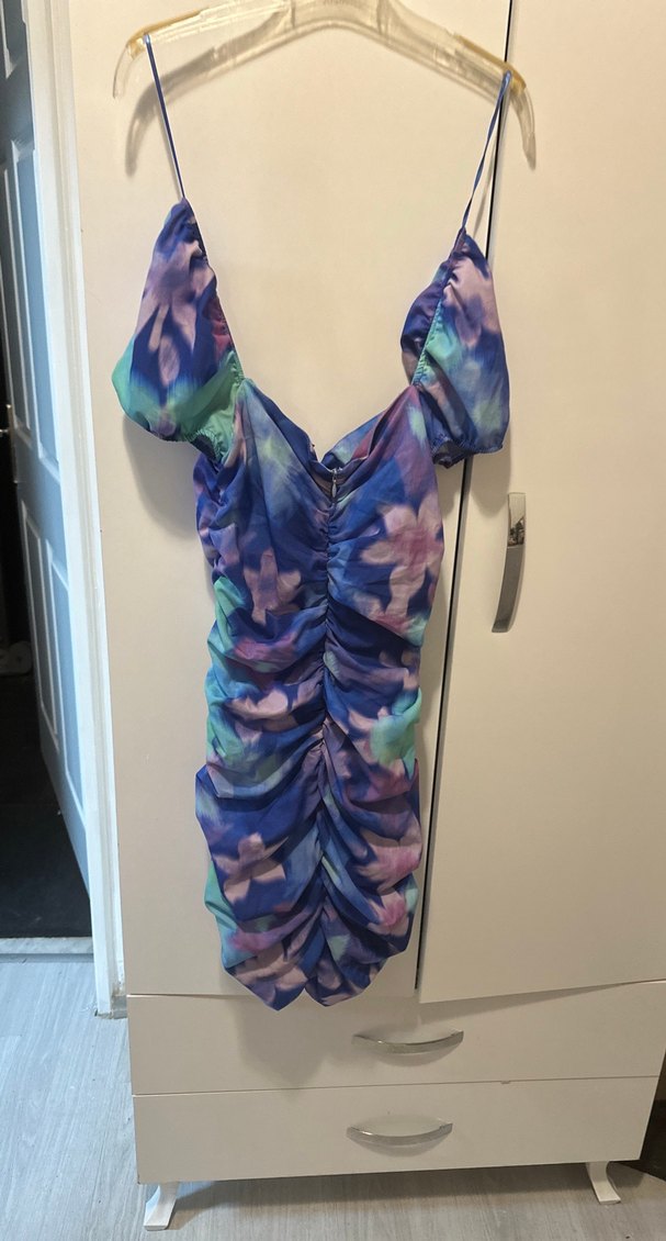 Kadın Çok Renkli Drapeli Mini Elbise - Görsel 2