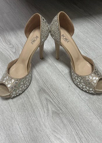 Bej Yüksek Topuklu Payetli Abiye Ayakkabı - Görsel 2