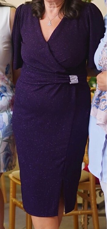 MOR SİMLİ KISA YARASA KOLLU DİZ ALTI ELBİSE - Görsel 8