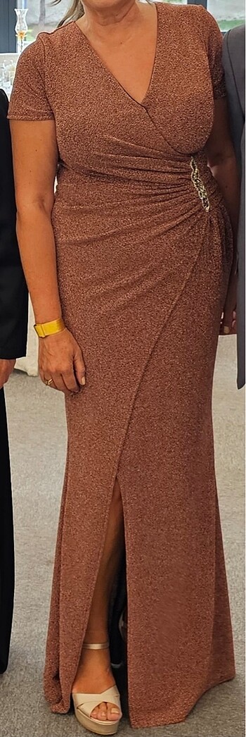 SOMON RENGİ 44 BEDEN SİMLİ UZUN YIRTMAÇLI ABİYE ELBİSE - Görsel 8