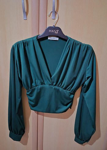 V Yaka Drapeli Koyu Yeşil Kadın Bluz - Görsel 2