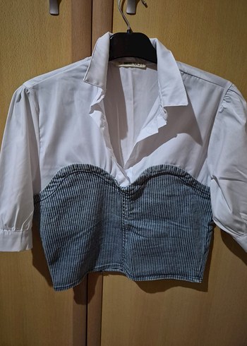 Düğmeli, Straplez, Kısa Kollu Kadın Gömlek - Görsel 2