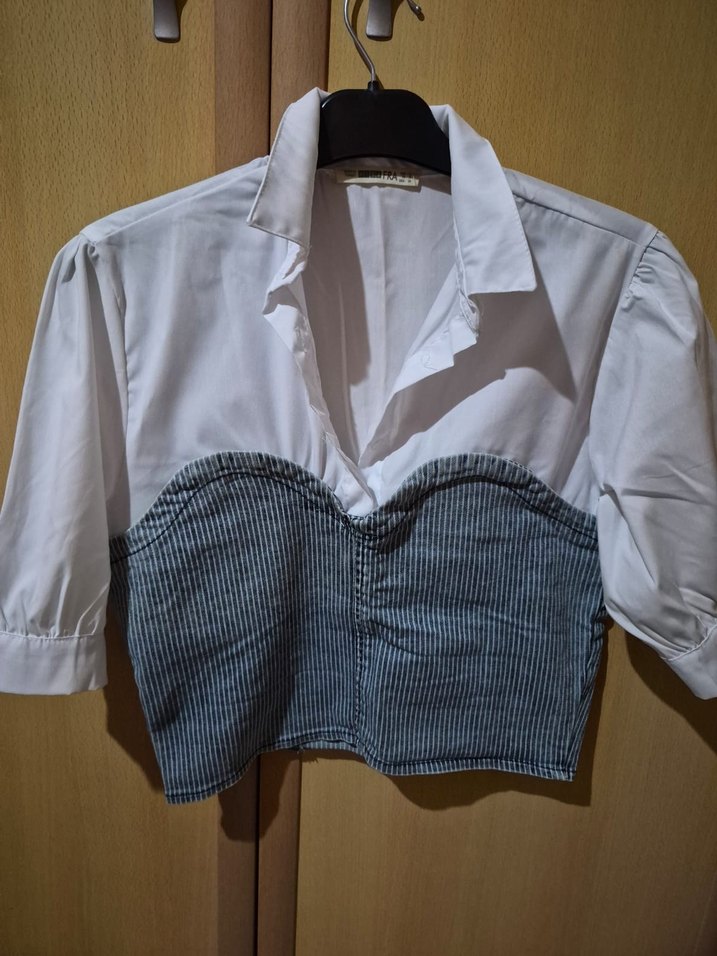 Düğmeli, Straplez, Kısa Kollu Kadın Gömlek - Görsel 2