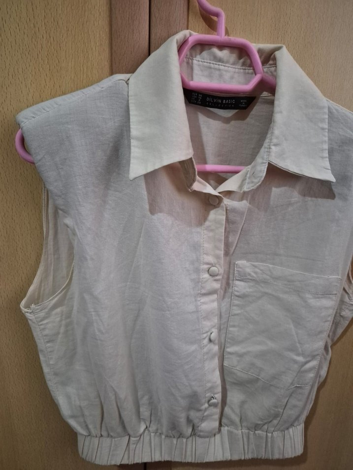 Beyaz Keten Düğmeli Kolsuz Mini Gömlek - Görsel 3