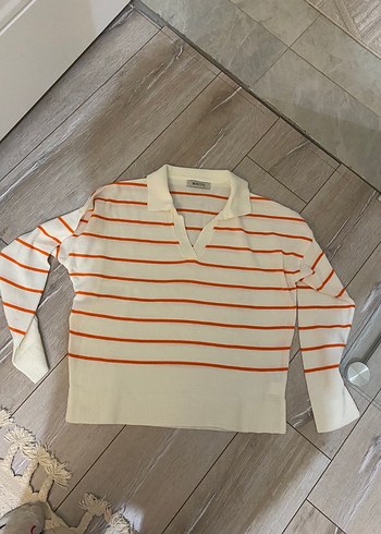 V Yaka Çizgili Pamuklu Kadın Triko - Görsel 2