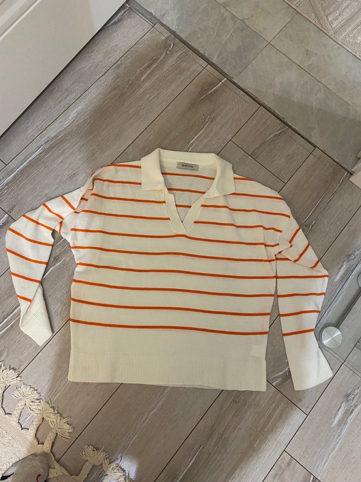 V Yaka Çizgili Pamuklu Kadın Triko - Görsel 2