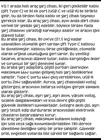 Beden 4u bir arada araçlar için hızlı şarj aleti özellikleri görselde