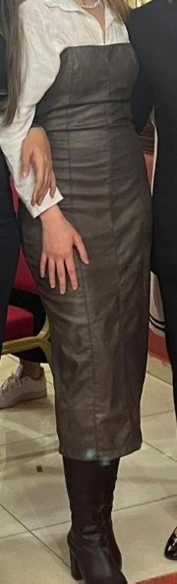 m Beden Deri haki elbise straplez