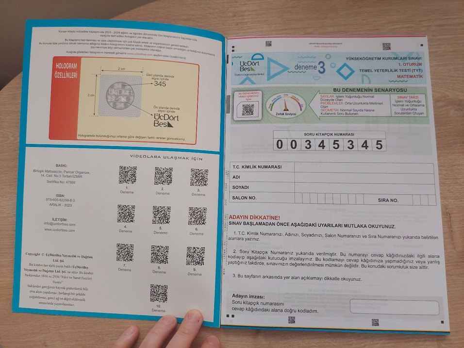 ÜÇ DÖRT BEŞ Yayınları 10 Adet TYT Matematik Deneme Kitabı - Görsel 2