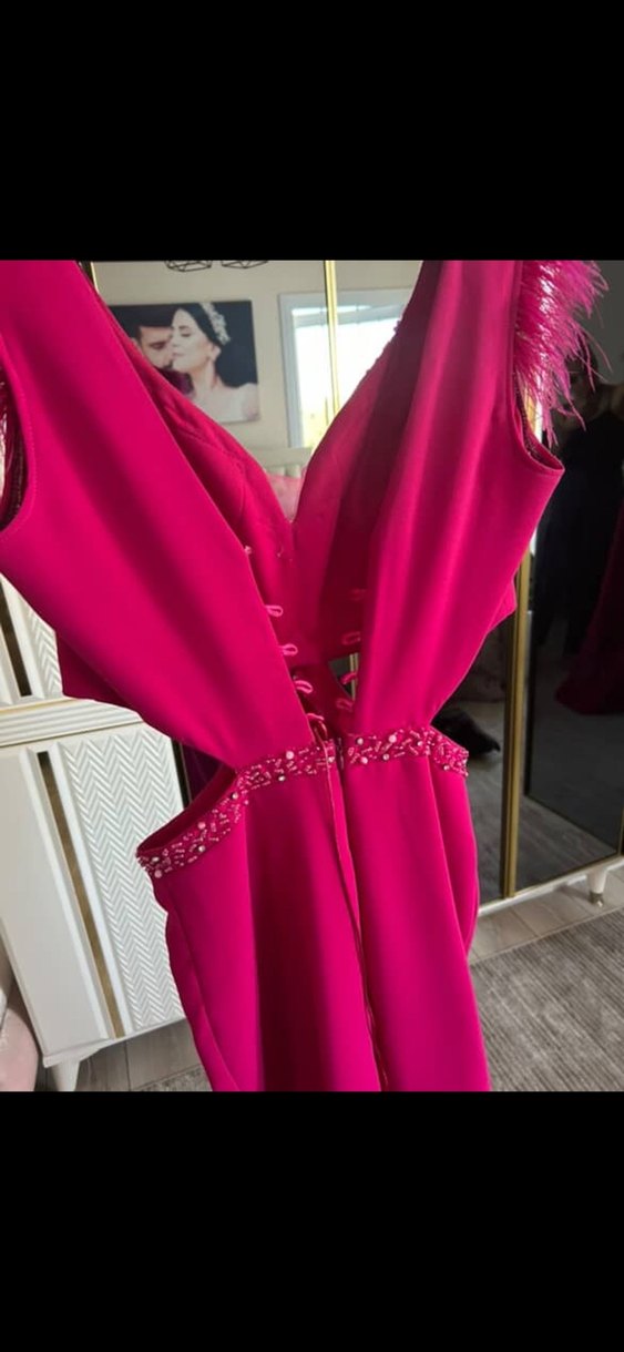 Fuşya pembe Uzun Drapeli V Yaka Kolsuz Elbise - Görsel 4