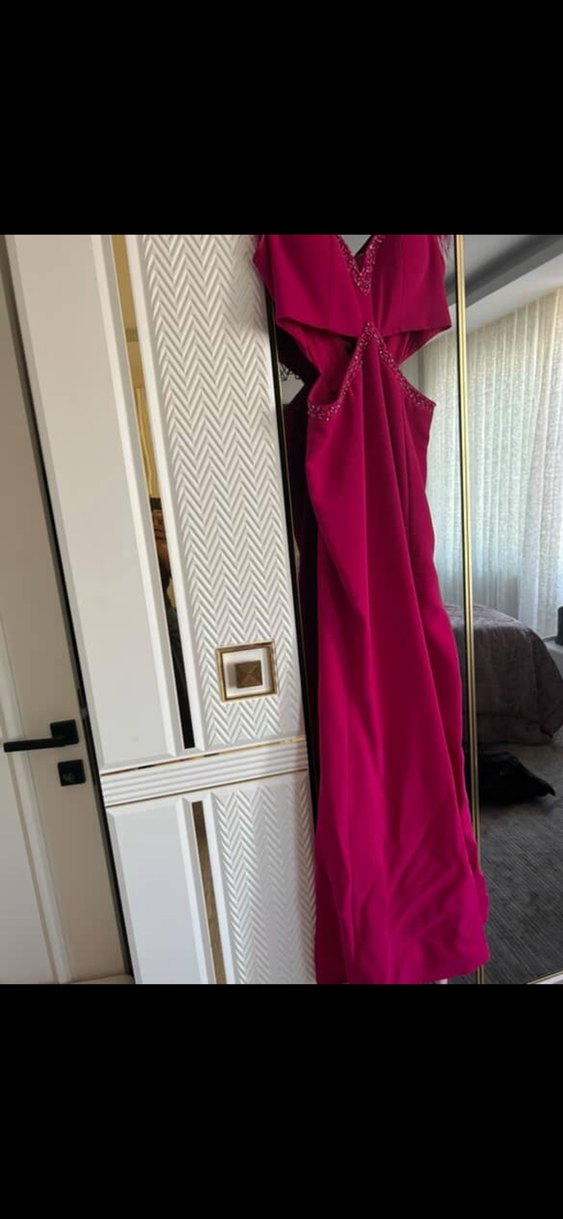 Fuşya pembe Uzun Drapeli V Yaka Kolsuz Elbise - Görsel 2