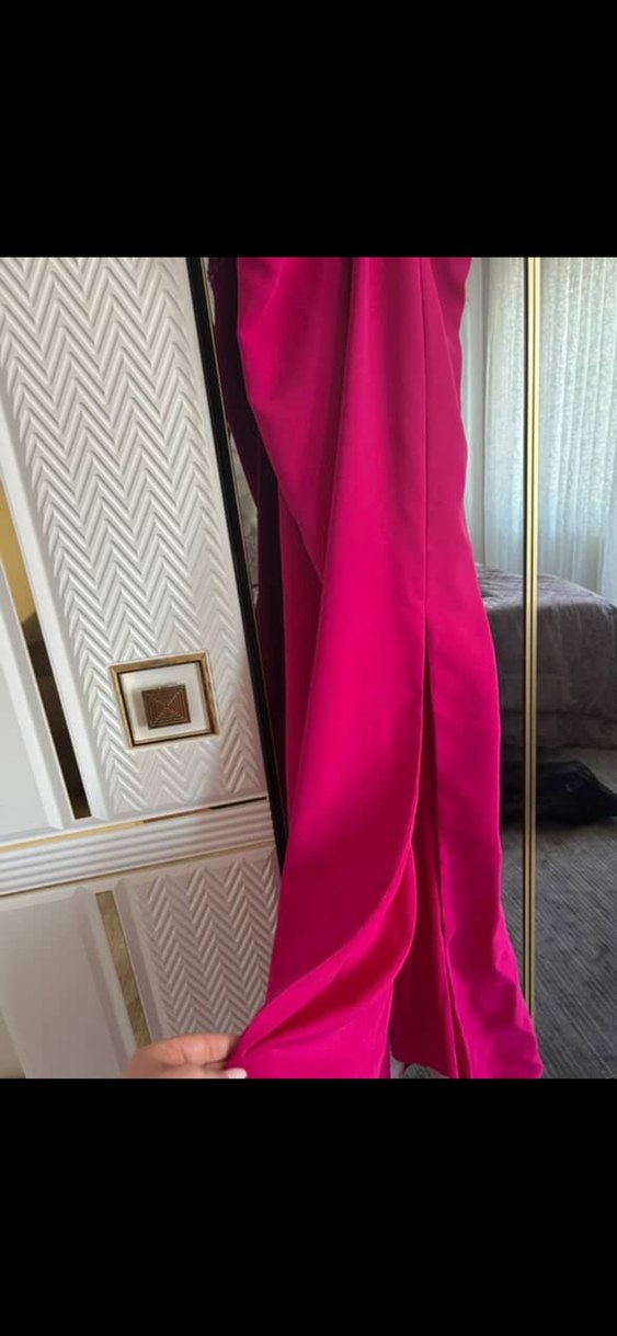 Fuşya pembe Uzun Drapeli V Yaka Kolsuz Elbise - Görsel 3
