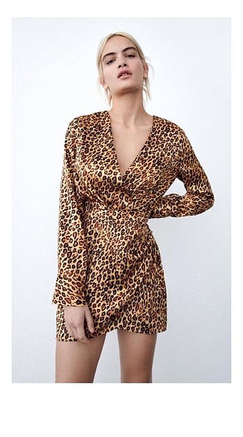 Zara Leopar Desenli Saten Elbise